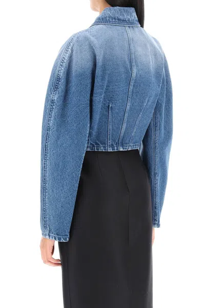 Shop Versace Blue Cropped Denim Jacket With Kimono Sleeves For Women