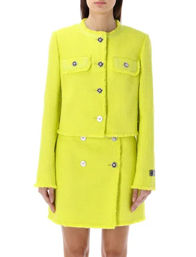 Shop Versace Bouclé Tweed Raglan Jacket In Yellow For Women