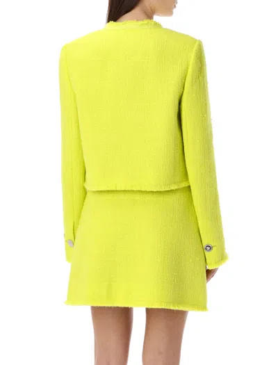 Shop Versace Bouclé Tweed Raglan Jacket In Yellow For Women