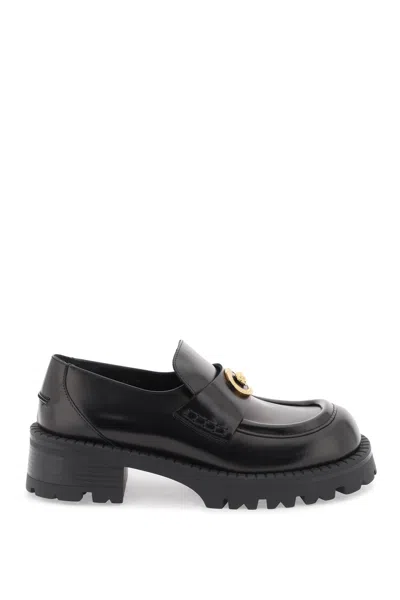 Shop Versace Brushed Leather Alia Loafers For Women In Black