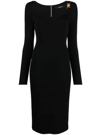 Shop Versace Elegant Black Midi Dress With Medusa Plaque Detail For Women