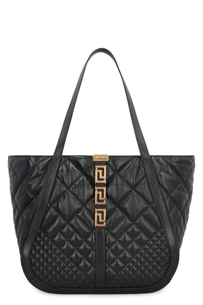 Shop Versace Grecian Goddess Leather Tote Handbag In Black