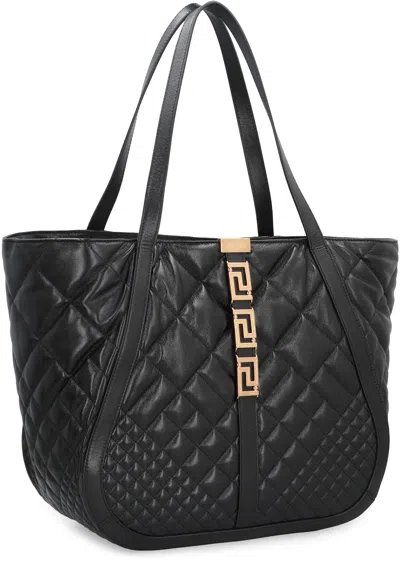 Shop Versace Grecian Goddess Leather Tote Handbag In Black