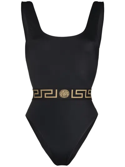 Shop Versace Greek-print Swimsuit In Black