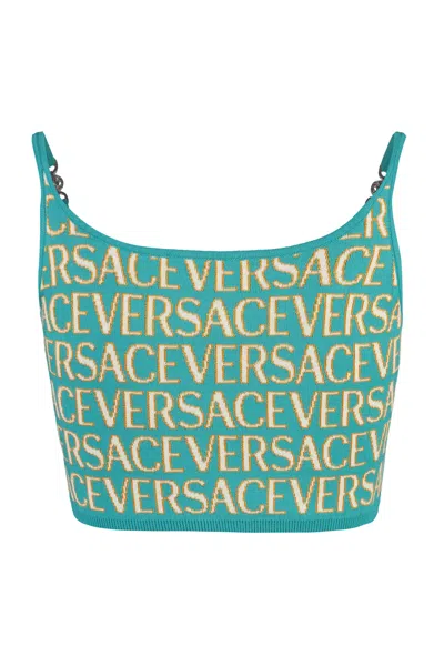 Shop Versace Metallic Jacquard Knit Top In Green