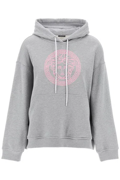 Shop Versace Grey Hooded Sweatshirt With Melange Detail For Women