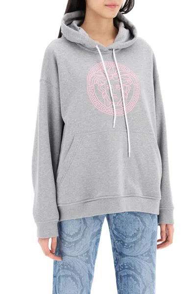 Shop Versace Grey Hooded Sweatshirt With Melange Detail For Women