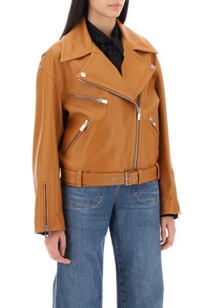 Shop Versace Luxurious Women's Biker Jacket In Smooth Leather With Iconic Silver-tone Detailing In Brown