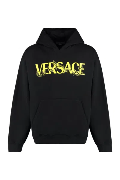 Shop Versace Men's Black Contrast Logo Cotton Hoodie For Fw23
