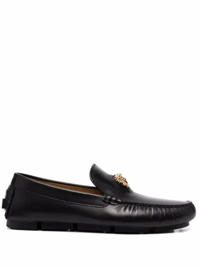 Shop Versace Men's Black Leather Loafers With Iconic Medusa Head Motif And Slip-on Style
