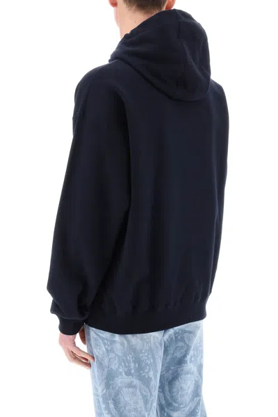 Shop Versace Navy Ribbed Cotton Hoodie For Men In Blue