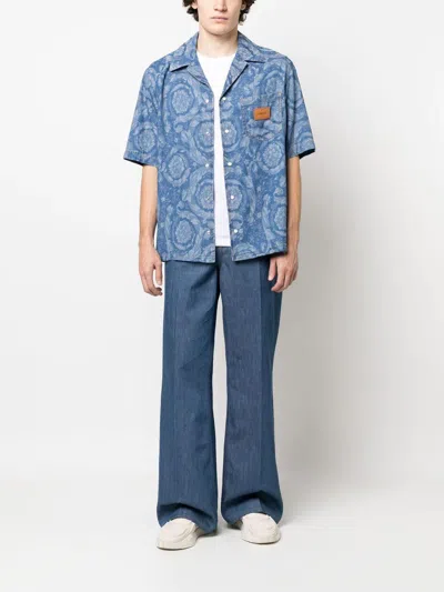 Shop Versace Men's Blue Floral Print Cotton Shirt In Denim