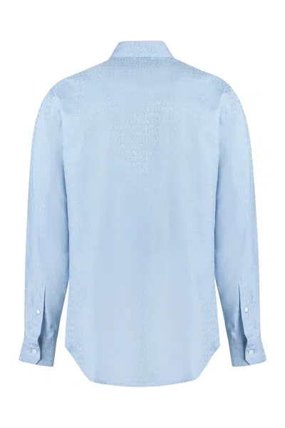 Shop Versace Men's Logo Printed Cotton Shirt In Light Blue