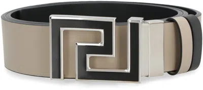 Versace Reversible Greca Leather Belt In Sand