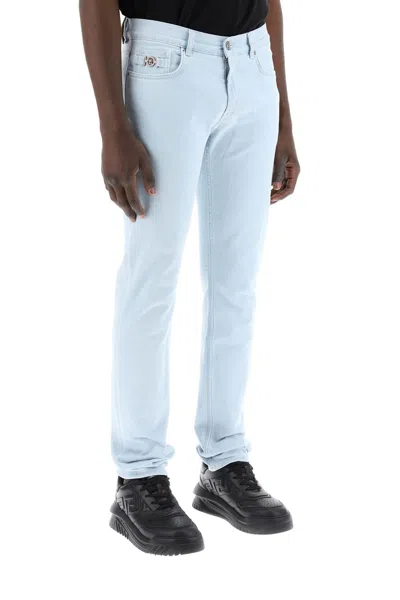 Shop Versace Men's Slim-fit Light Wash Medusa Jeans In Light Blue
