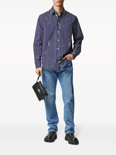 Shop Versace Navy Blue Striped Customizable Shirt For Men