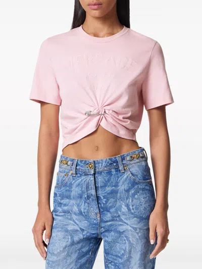 Shop Versace Pink And Purple Cotton Cropped T-shirt For Women