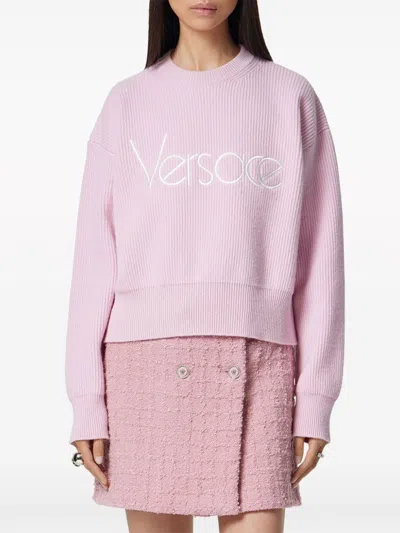 Shop Versace Pink Virgin Wool Embroidered Logo Sweater