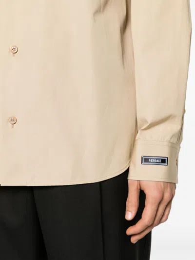 Shop Versace Sand Beige Cotton Poplin Collar Button Shirt For Men In Tan