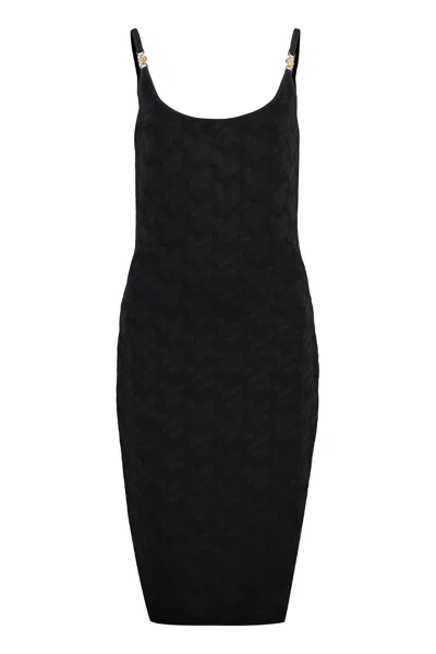 Shop Versace Sleeveless Black Knit Mini Dress With Medusa Accent