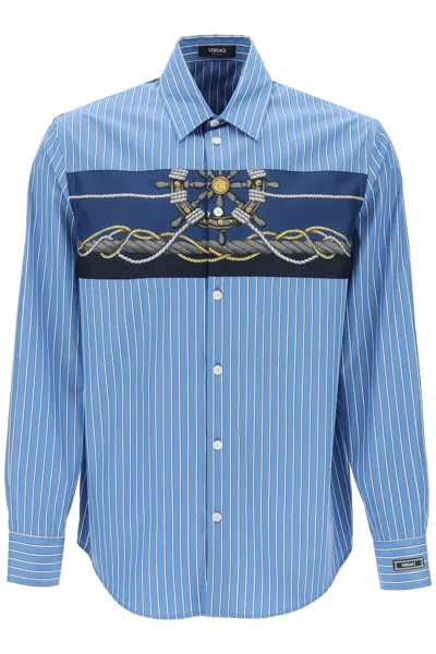 Shop Versace Striped Cotton Poplin Shirt With Silk Twill Insert In Aqua