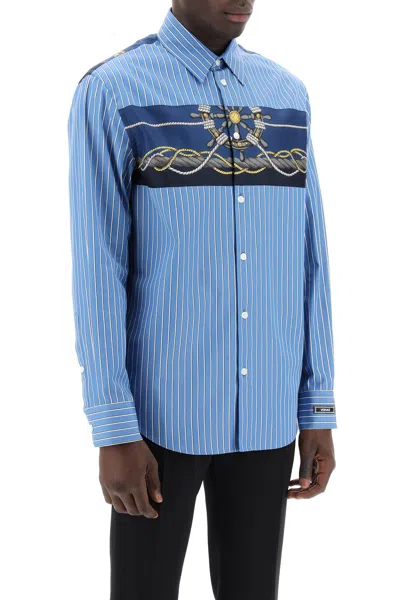 Shop Versace Striped Cotton Poplin Shirt With Silk Twill Insert In Aqua