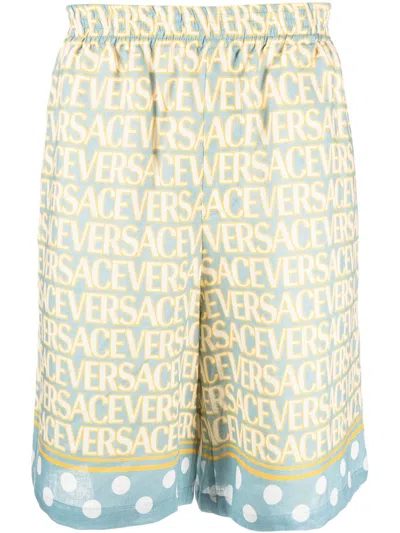 Shop Versace Stylish All-over Print Linen Shorts In Cheerful Shades Of Blue And Yellow In Gray