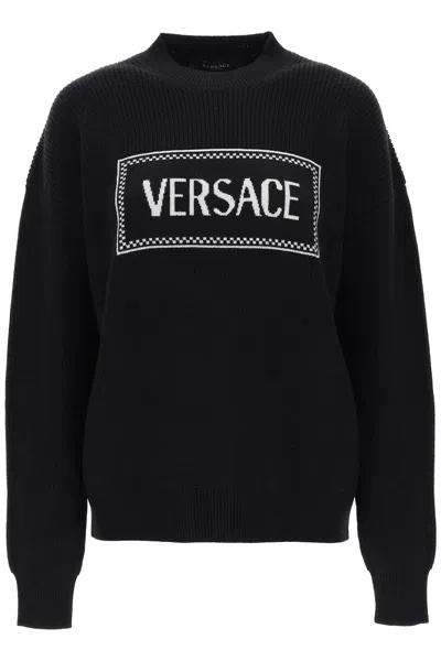 Shop Versace Women's Black Knit Sweater With Logo Inlay
