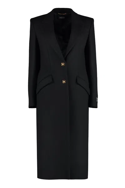 Shop Versace Women's Black Wool Blend Jacket With Peak Lapel Collar And Contrasting Buttons