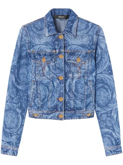 Shop Versace Women's Indigo Blue Baroque Print Denim Jacket For Ss24