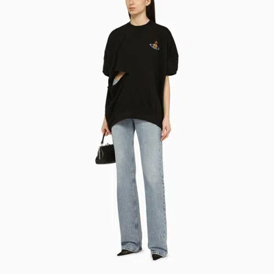 Shop Vivienne Westwood Black Cut-out Overshirt With Short Sleeves And Embroidered Logo