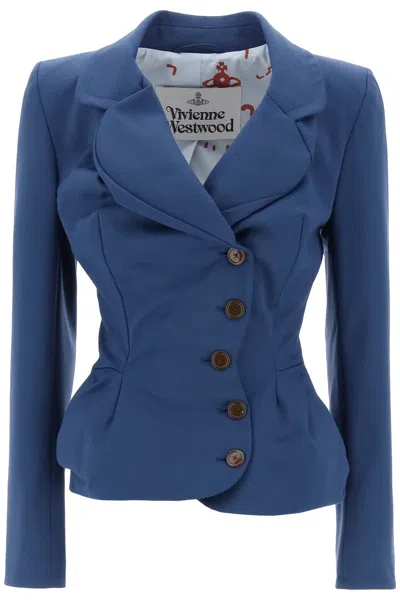 Shop Vivienne Westwood Blue Asymmetrical Draped Jacket In Satin-finish Stretch Cotton Blend