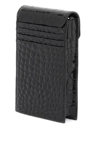 Shop Vivienne Westwood Luxury Phone Holder With Crocodile Embossing And Iconic Orb Detail In Black