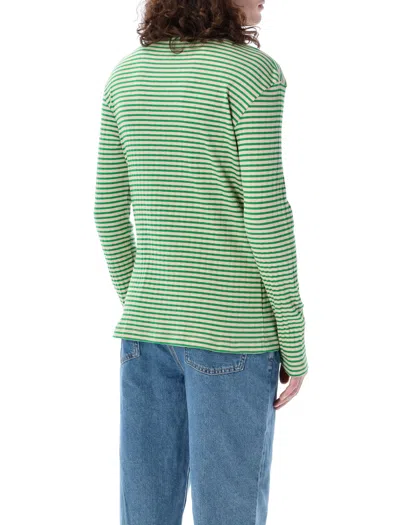 Shop Wales Bonner Men's Ivory And Green Striped Long Sleeve Polo Shirt For Ss24 In Ivory/green