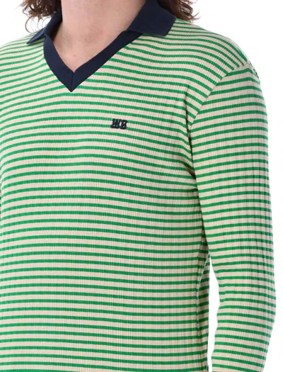 Shop Wales Bonner Men's Ivory And Green Striped Long Sleeve Polo Shirt For Ss24 In Ivory/green