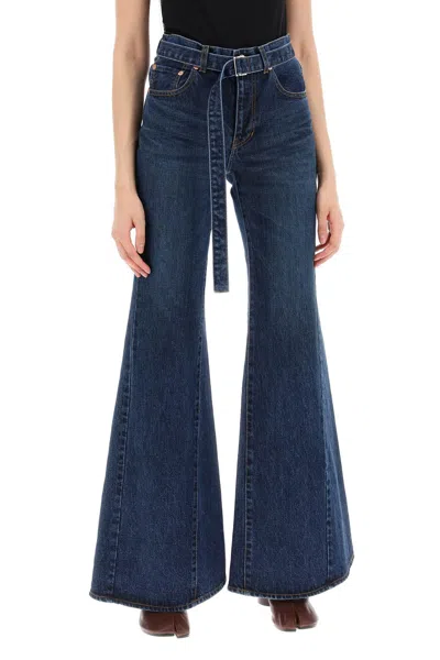 Shop Sacai Women's  Blue Boot Cut Jeans With Matching Belt For Ss24