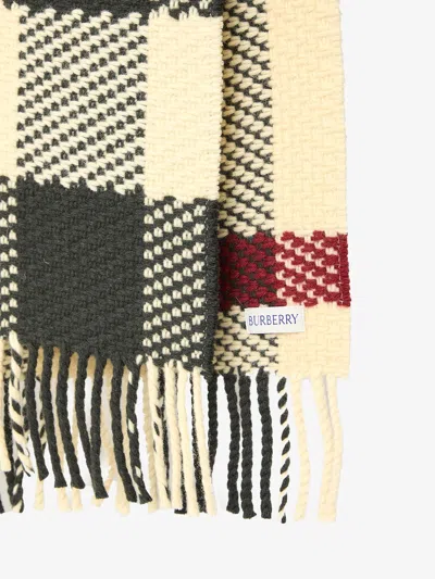 Shop Burberry Wool Scarf With  Check Motif And Fringed Hems In Cream