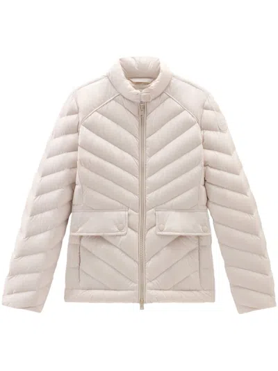 Shop Woolrich Quilted Short Jacket In Chevron Design In Tan