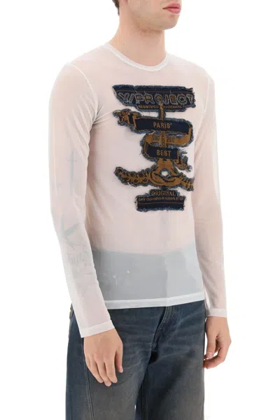 Shop Y/project Men's White Mesh Long Sleeve T-shirt With Paris' Best Logo Patch