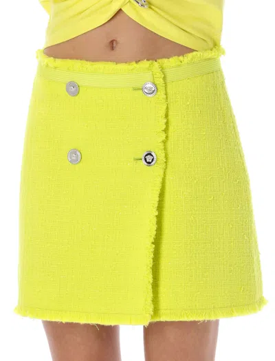 Shop Versace Yellow Bouclé Tweed Mini Skirt For Women