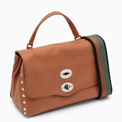 Shop Zanellato Brown Leather Handbag With Striped Fabric Strap And Double Swivel Closure In Orange