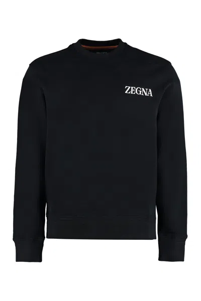 Shop Zegna Classic Black Cotton Crew-neck Sweatshirt For Men