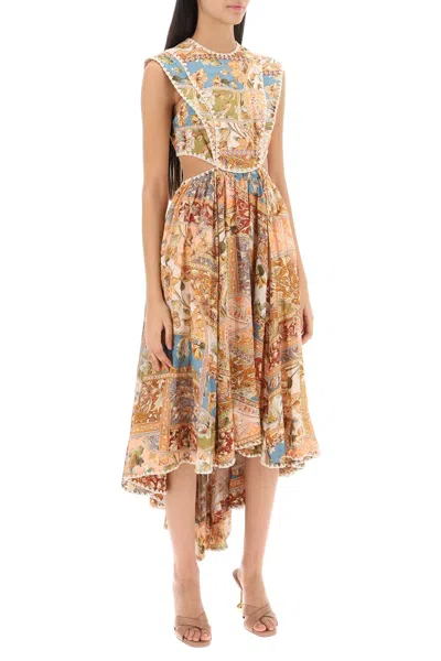 Shop Zimmermann Asymmetric Cut-out Midi Dress With Floral Motif And Crochet Trims In Multicolor