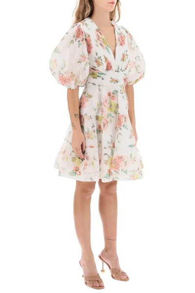 Shop Zimmermann Floral Print Pleated Dress With Balloon Sleeves In White