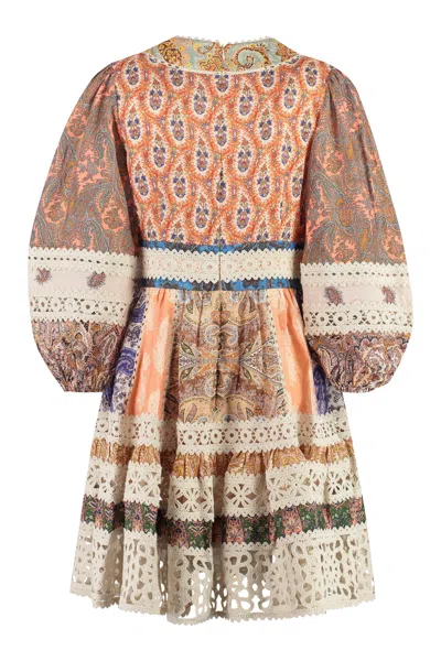Shop Zimmermann Bohemian Chic Mini Dress With Crochet Trims And Paisley Motifs All-over In Multicolor