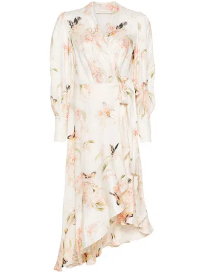 Shop Zimmermann Coral Pink Floral Linen Wrap Dress For Women In Turquoise