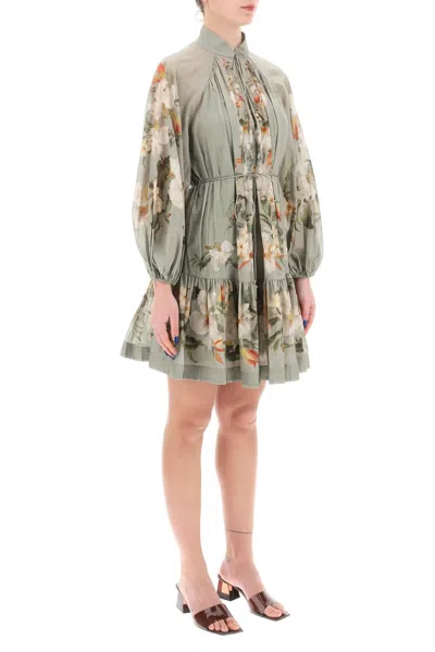 Shop Zimmermann Floral Mini Dress With Billow Sleeves And Self-tie Belt In Green