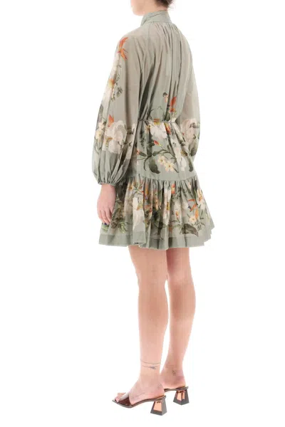 Shop Zimmermann Floral Mini Dress With Billow Sleeves And Self-tie Belt In Green