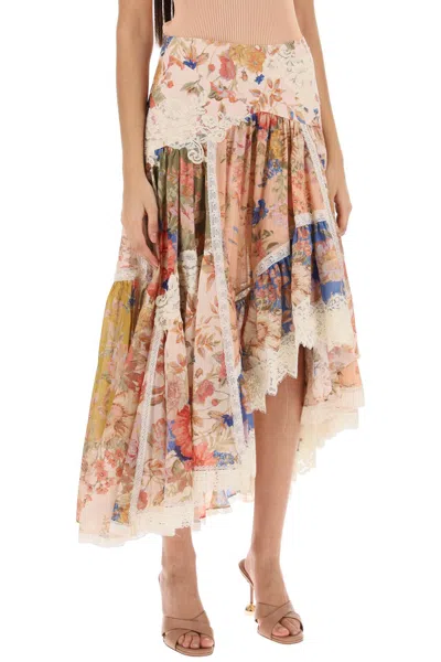 Shop Zimmermann Floral Motif Asymmetric Skirt With Lace Trims | Multicolor Cotton Yoke Skirt For Women