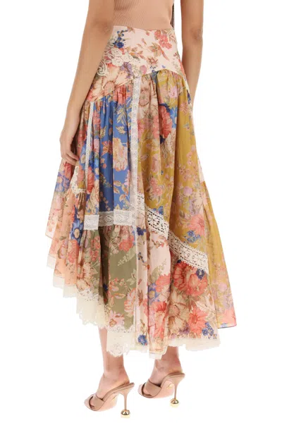 Shop Zimmermann Floral Motif Asymmetric Skirt With Lace Trims | Multicolor Cotton Yoke Skirt For Women